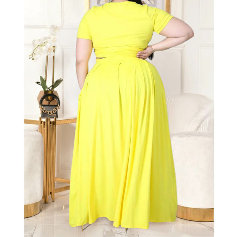 plus size two piece skirt set -yellow back view