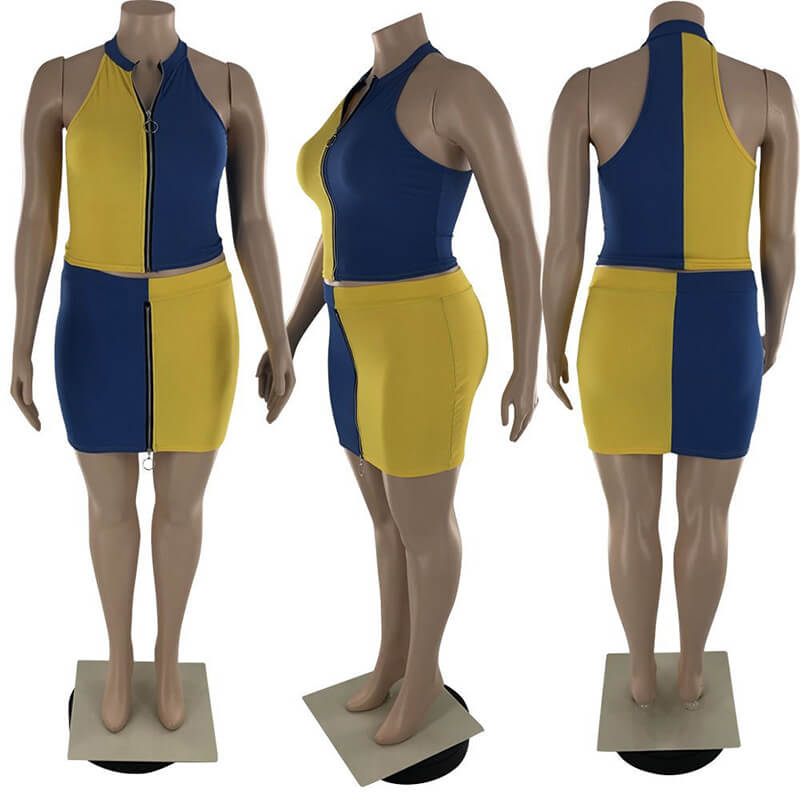 plus size two piece skirt set-yellow-model view