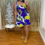 casual plus size midi dresses-blue and yellow-mdoel view