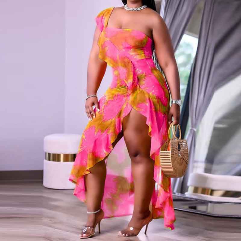 one sleeve plus size dress-pink-left sdie view