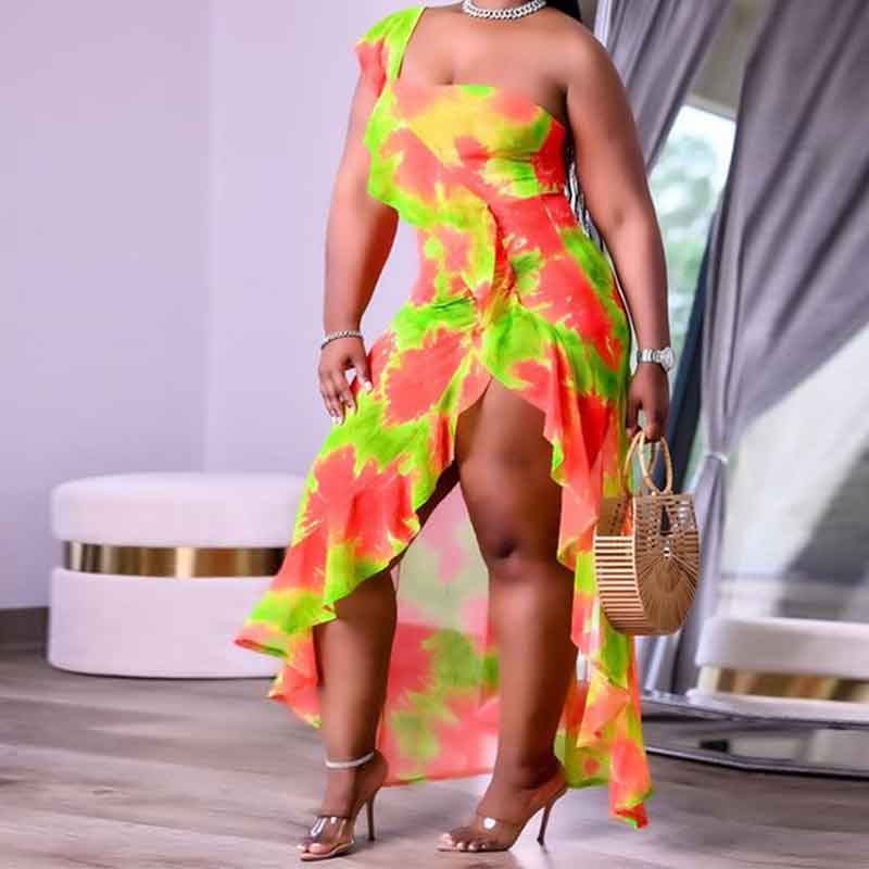 one sleeve plus size dress-yellow-left side view