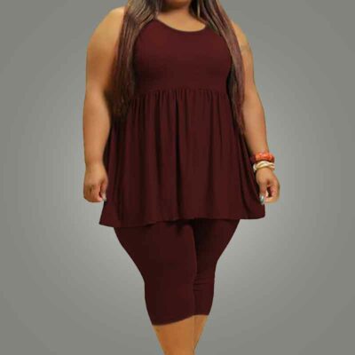 plus size casual pant sets-wine red