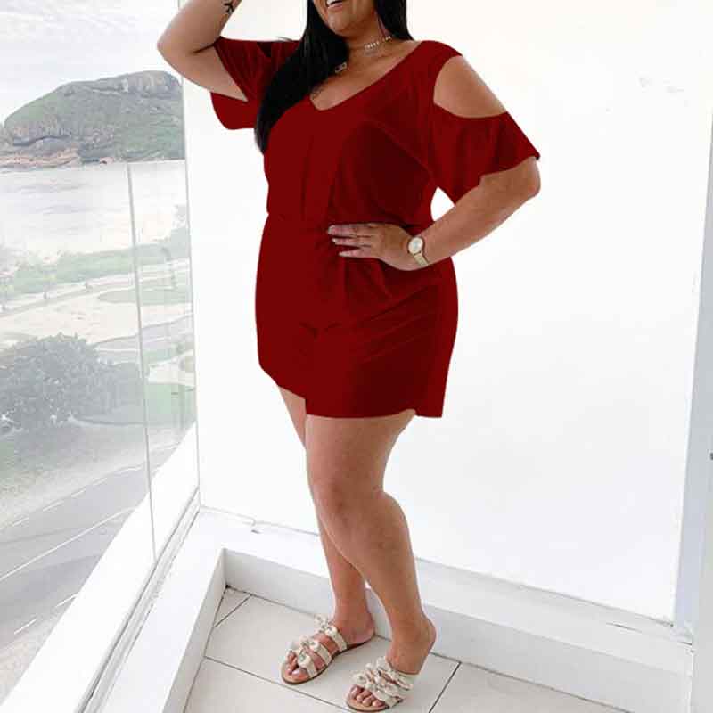 plus size casual rompers-wine red-left side view