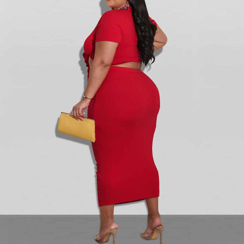 plus size crop top and high waist skirt set-red-back view