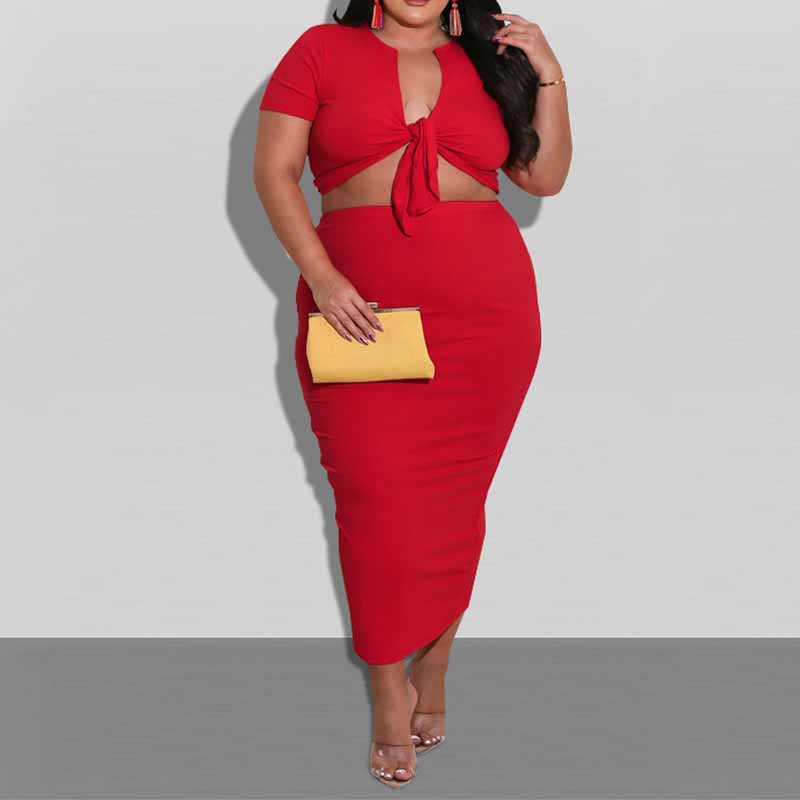 plus size crop top and high waist skirt set-red-front view