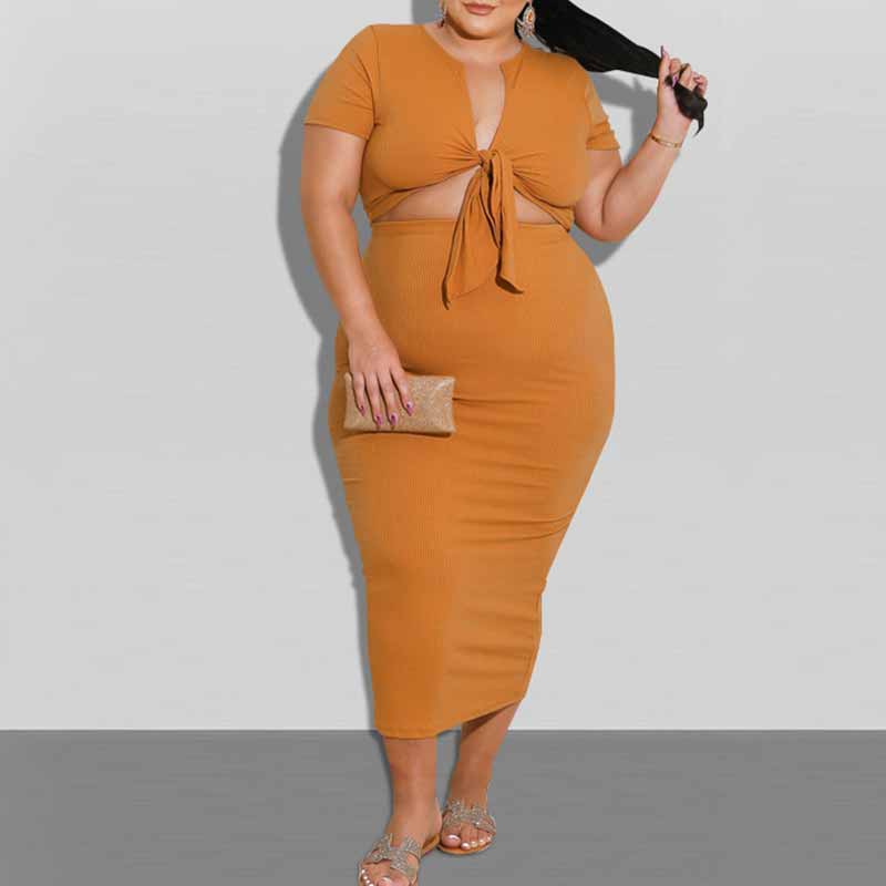 plus size crop top and high waist skirt set-turmeric-front view