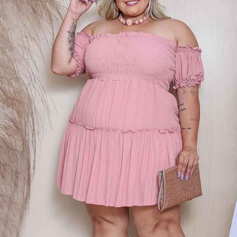 plus size off the shoulder casual dress-pink-model view