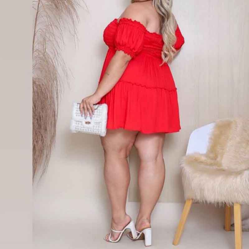 plus size off the shoulder casual dress-red-back view