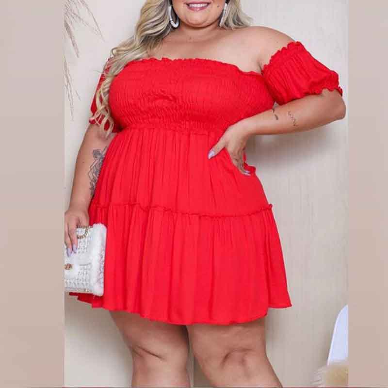 plus size off the shoulder casual dress-red-model view