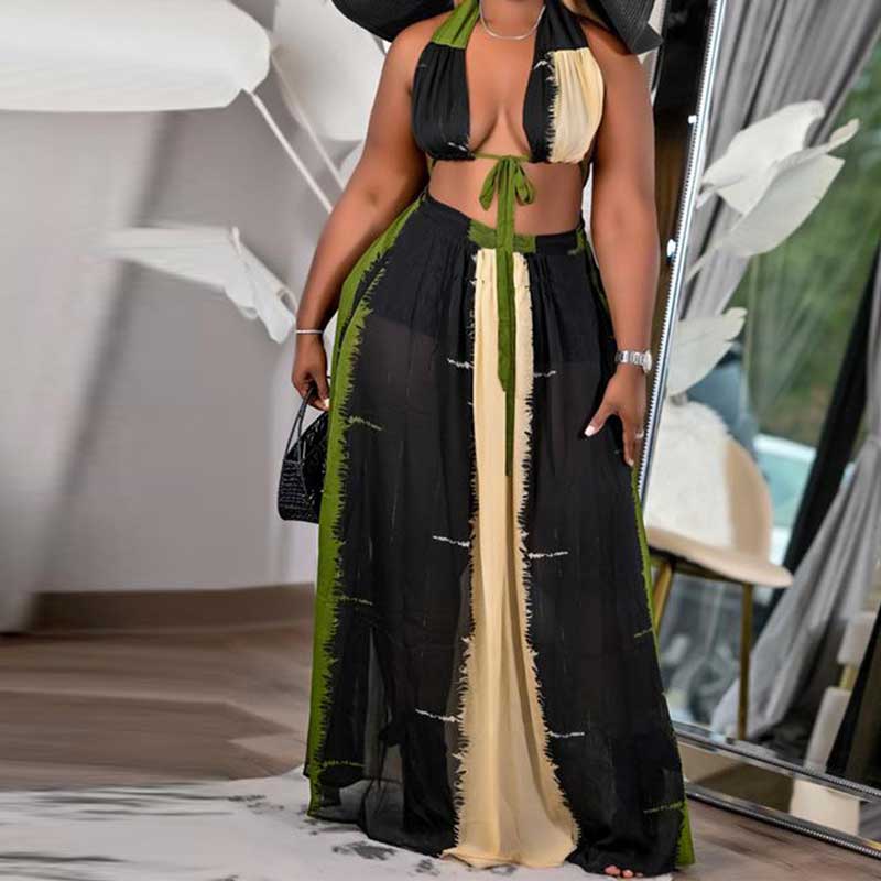 plus size two piece maxi skirt set-olive green-front view
