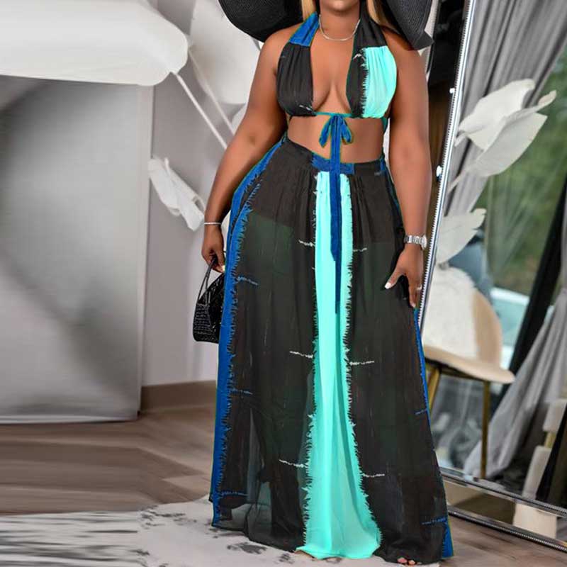 plus size two piece maxi skirt set-turquoise-front view