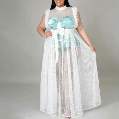 two piece dress plus size-white-model view