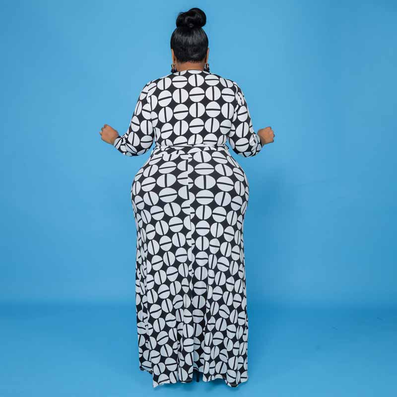 deep v maxi dress with sleeves-black and white-back view