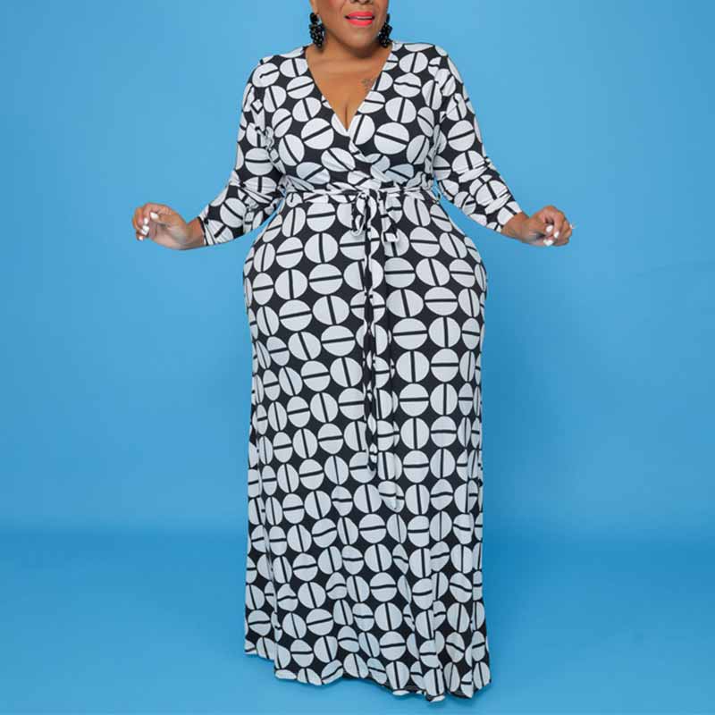 deep v maxi dress with sleeves-black and white-front view