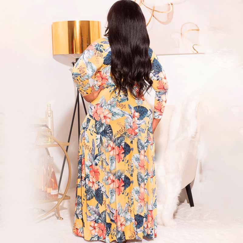 deep v maxi dress with sleeves-yellow-back view