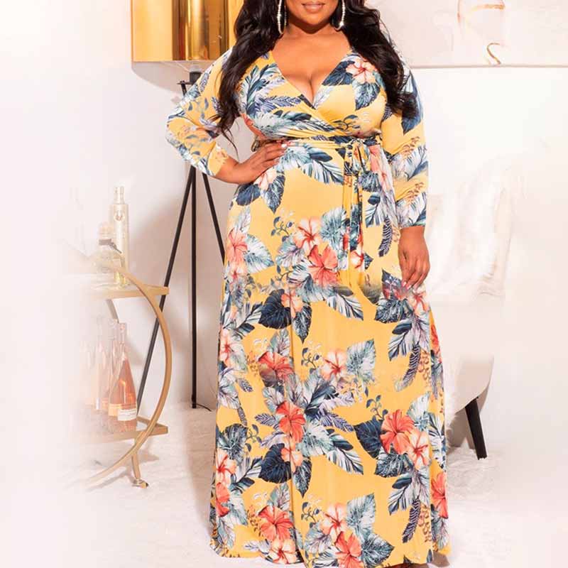 deep v maxi dress with sleeves-yellow-full face photo