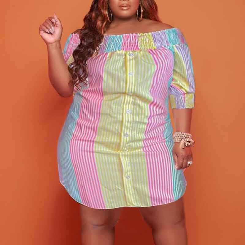 off shoulder casual dress plus size-pink yellow