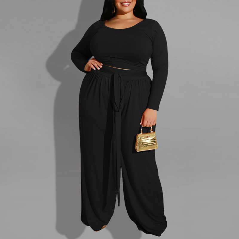 plus size 2 piece pants sets-black-front view