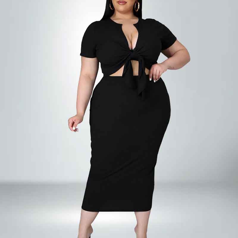plus size 2 piece skirt and crop top set-black-front view