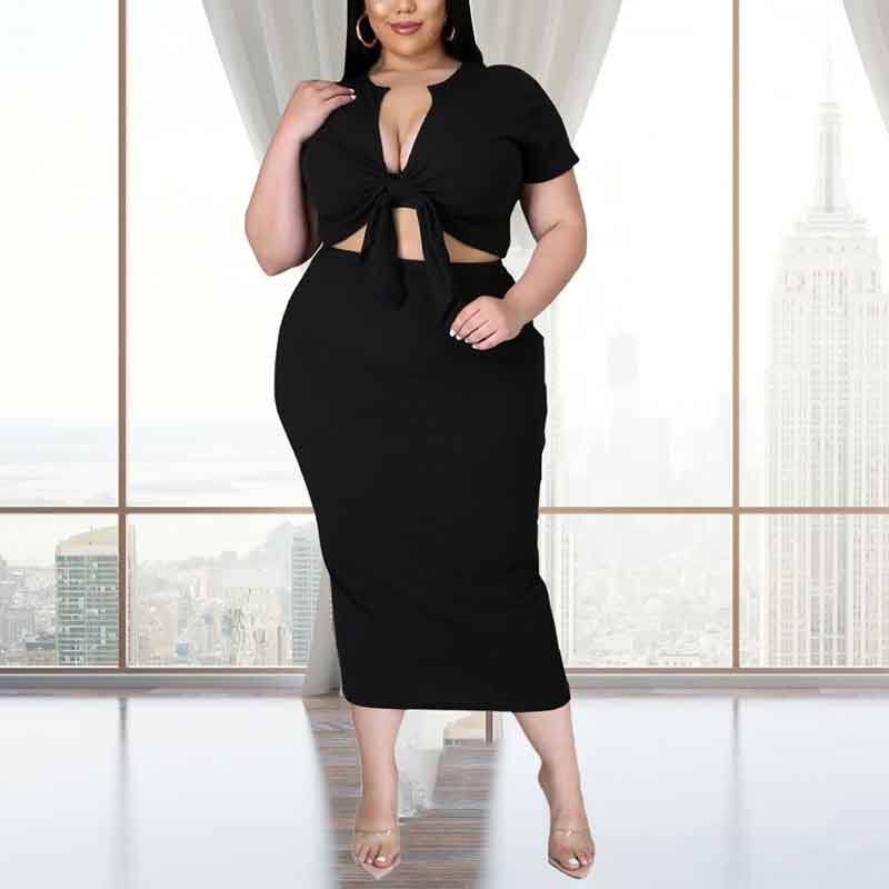 plus size 2 piece skirt and crop top set-black-model view