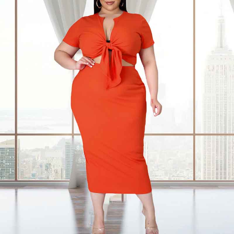 plus size 2 piece skirt and crop top set-orange red-front view