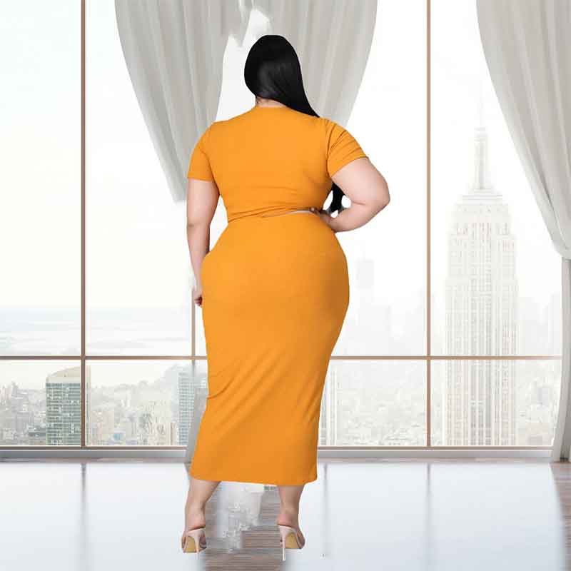 plus size 2 piece skirt and crop top set-yellow-back view