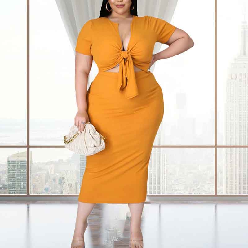 plus size 2 piece skirt and crop top set-yellow-front view