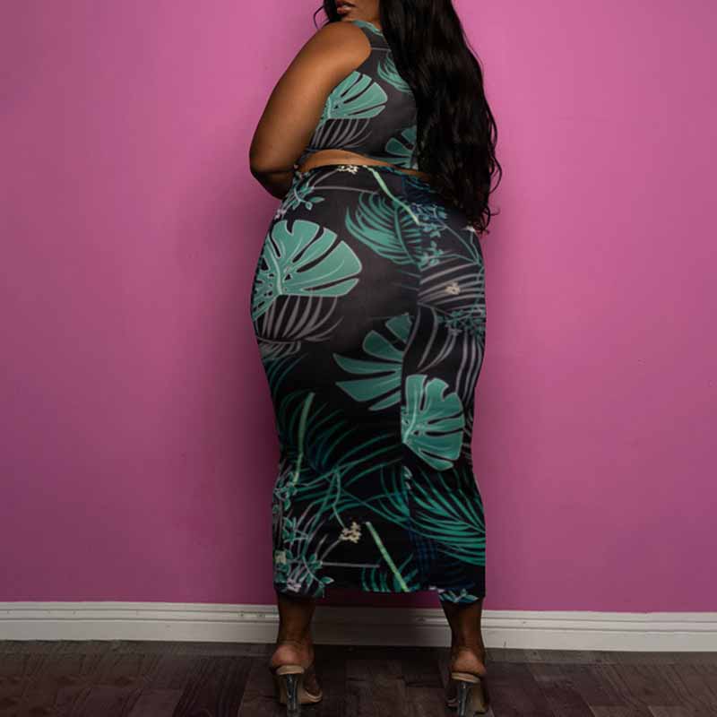 plus size 2 piece skirt set-leaves-back view