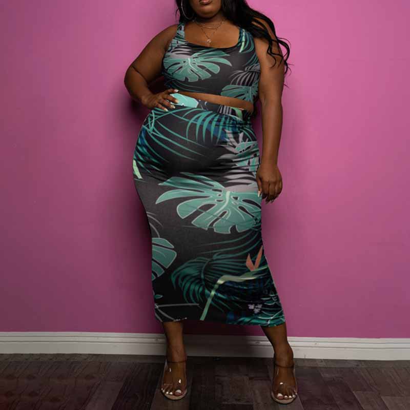plus size 2 piece skirt set-leaves-front view