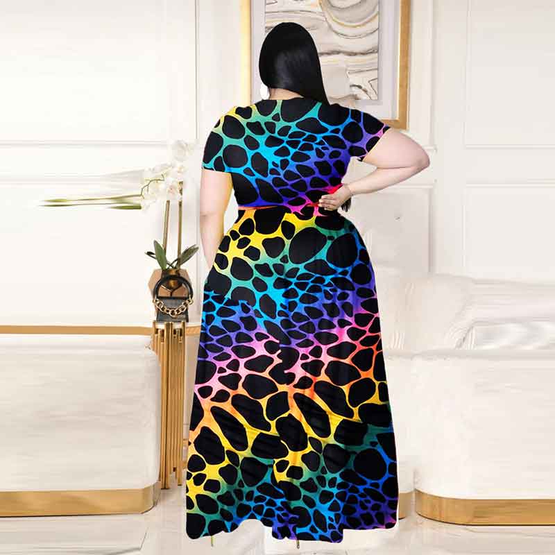 plus size 2 piece skirt sets-leopard print-back view