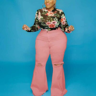 plus size blue jean bell bottoms-pink-front view