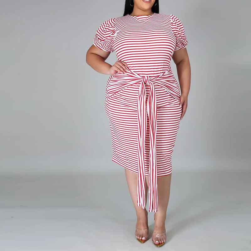 plus size midi casual dresses-red-model view