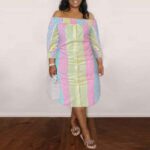 plus size midi dress with sleeves-pink yellow