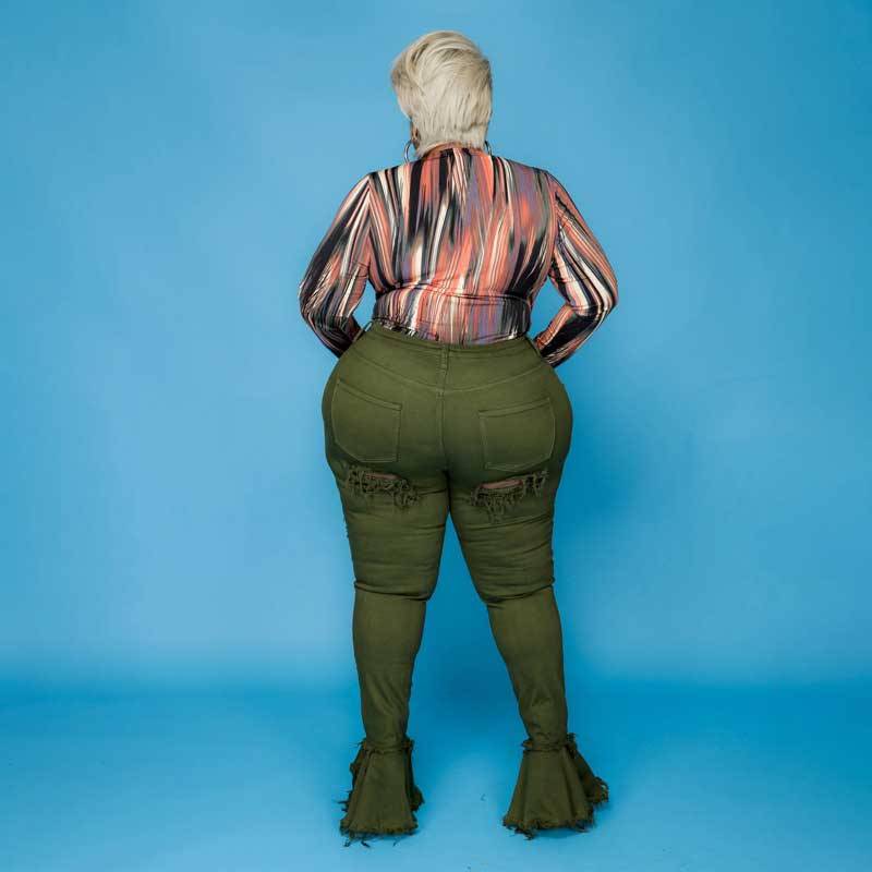 plus size ripped jean bell bottoms-army green-back view
