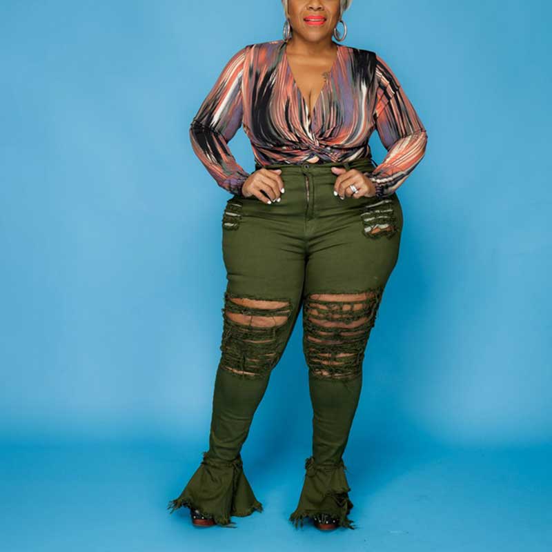 plus size ripped jean bell bottoms-army green-front view