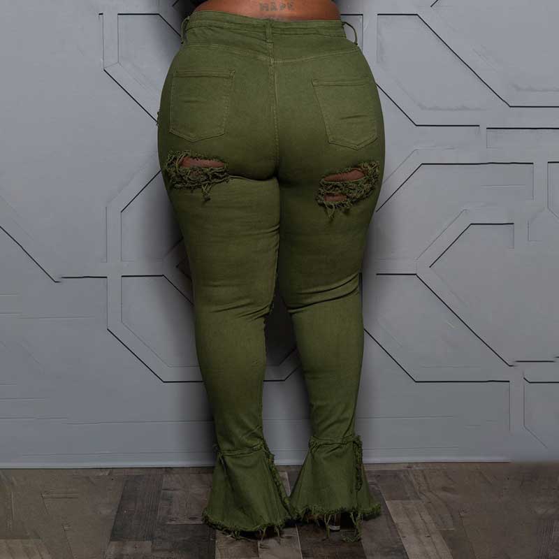 plus size ripped jean bell bottoms-army green-model back view