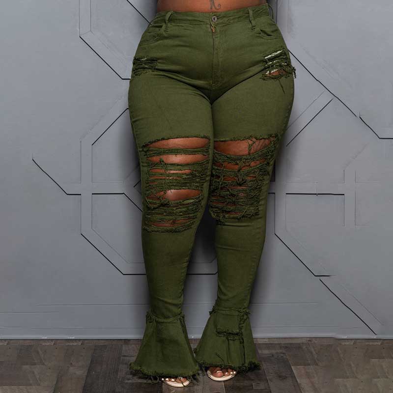 plus size ripped jean bell bottoms-army green-model front view