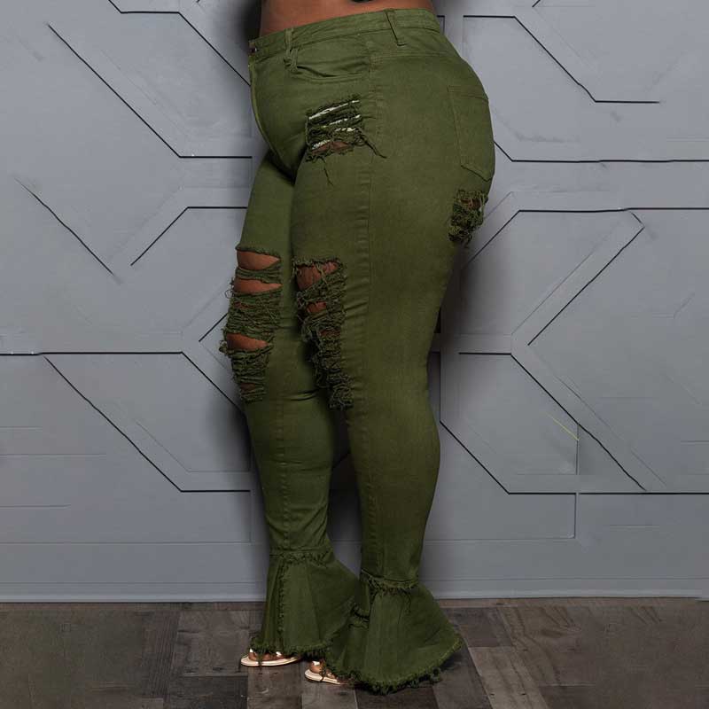plus size ripped jean bell bottoms-army green-model left side view