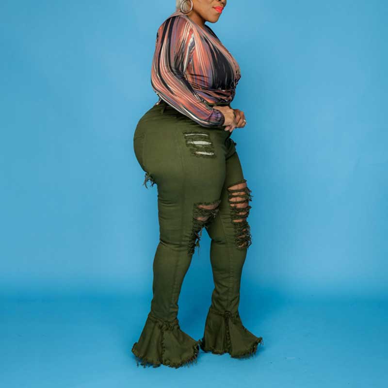 plus size ripped jean bell bottoms-army green-offside view