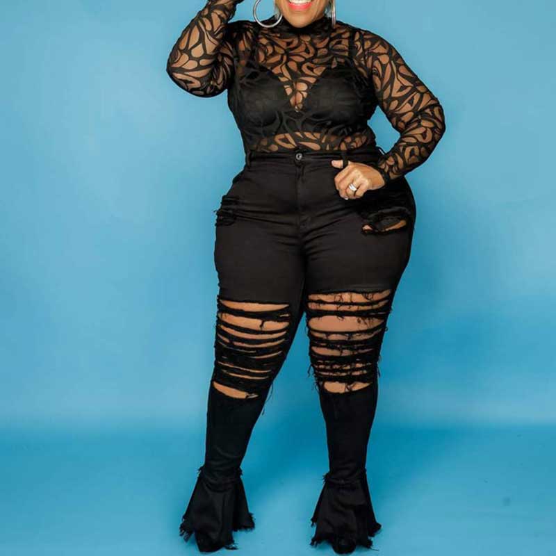 plus size ripped jean bell bottoms-black-model view