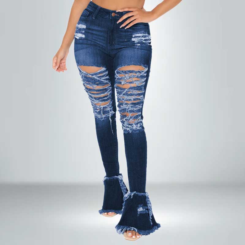 plus size ripped jean bell bottoms-blue-model view