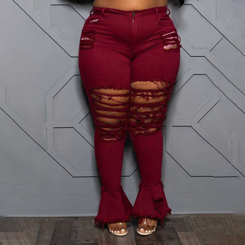 plus size ripped jean bell bottoms-wine red-back view