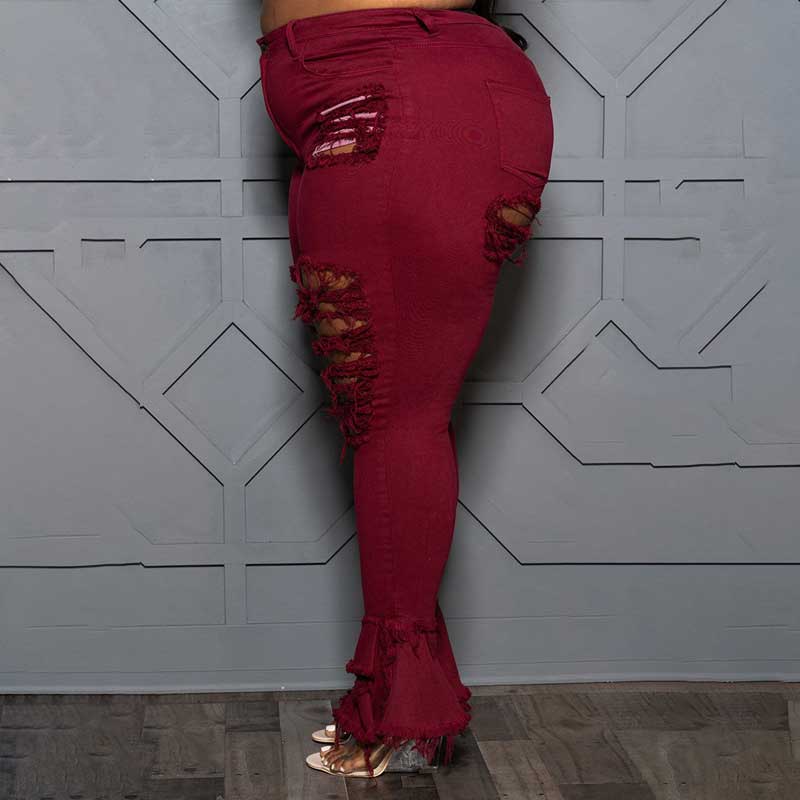 plus size ripped jean bell bottoms-wine red-left side view