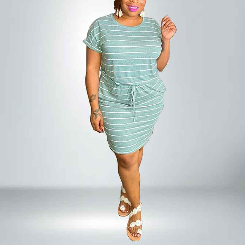 plus size striped dresses-green-front view