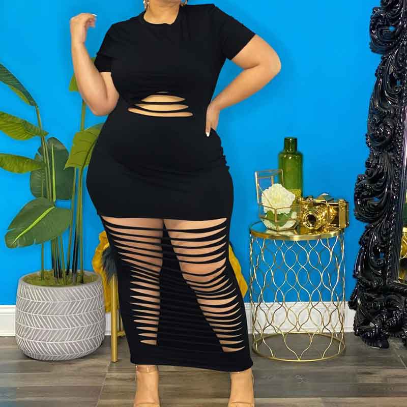 sexy plus size club dresses-black-model front view