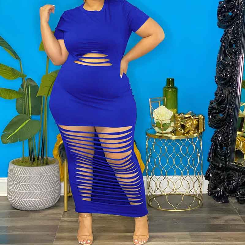 sexy plus size club dresses-blue-model front view