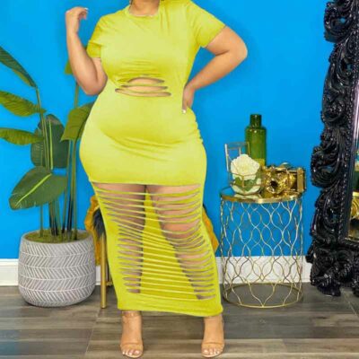 sexy plus size club dresses-yellow-model front view