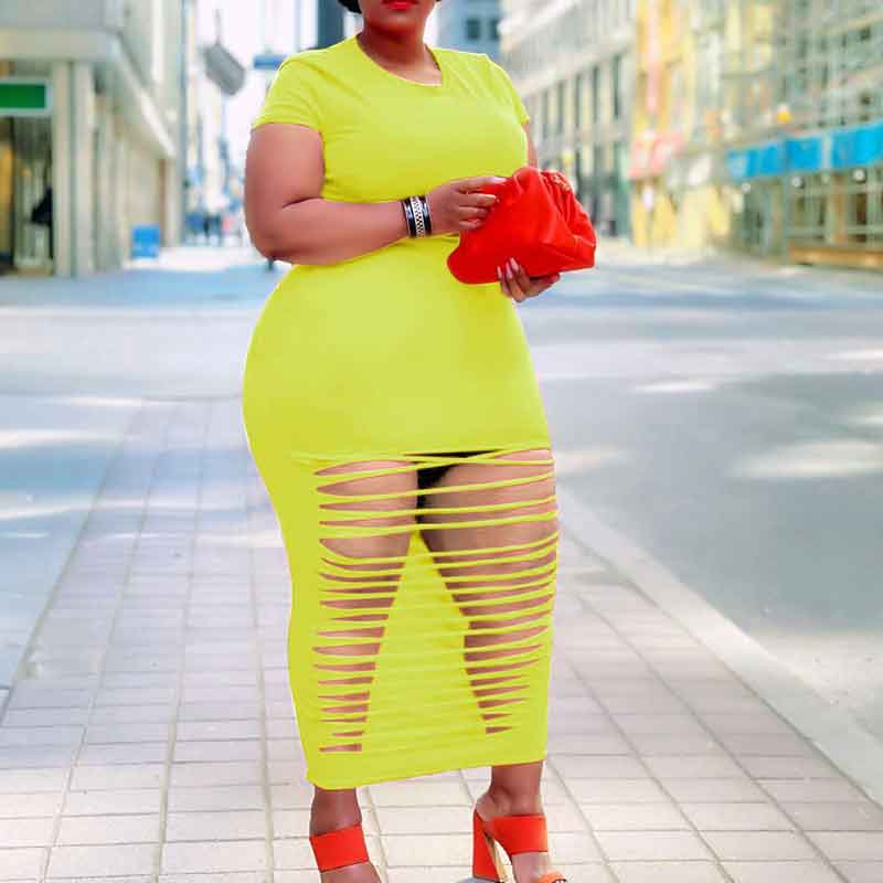 sexy plus size club dresses-yellow-model offside view