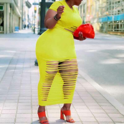 sexy plus size club dresses-yellow-offside view