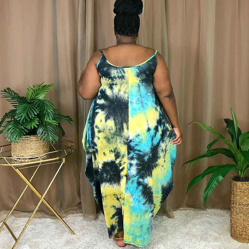 women's plus size tie dye maxi dresses-black-back view